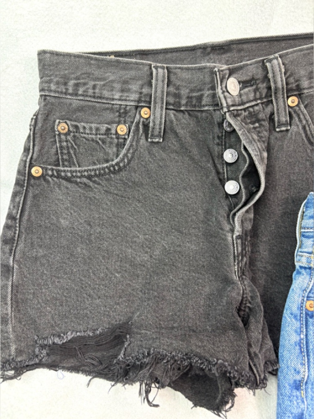 Levi's 501 S Button Fly Raw Hem Black & Blue Distressed Denim Shorts Duo - Picture 3 of 7